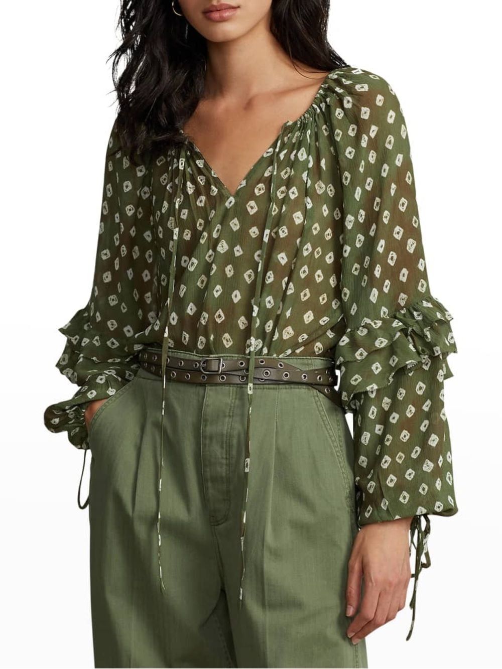 Polo Ralph Lauren Block-Print Crinkled Silk-Blend Blouse